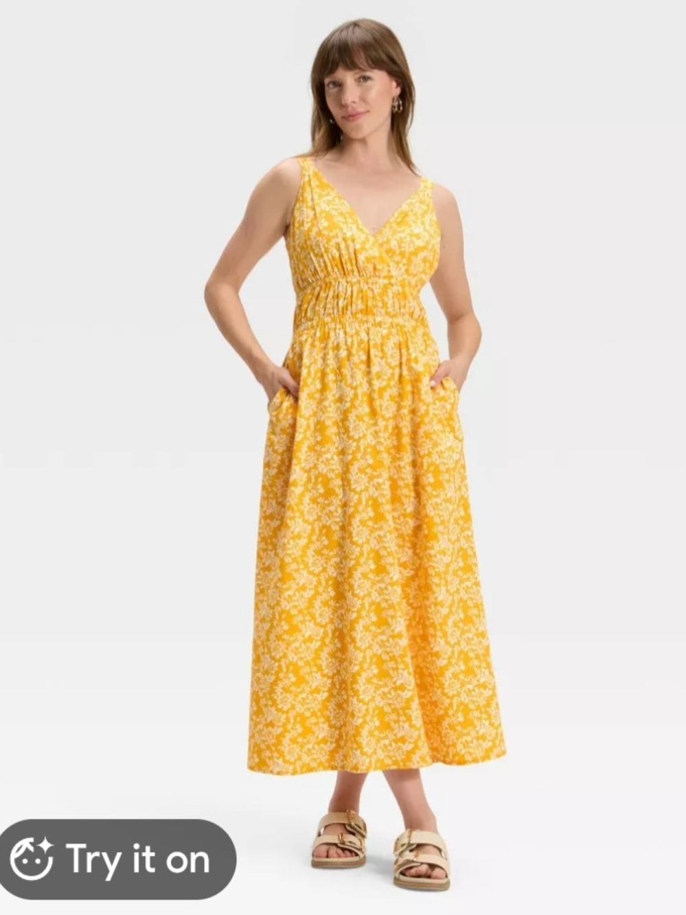 Universal Thread Yellow Floral V-Neck Maxi Dress with Pockets
